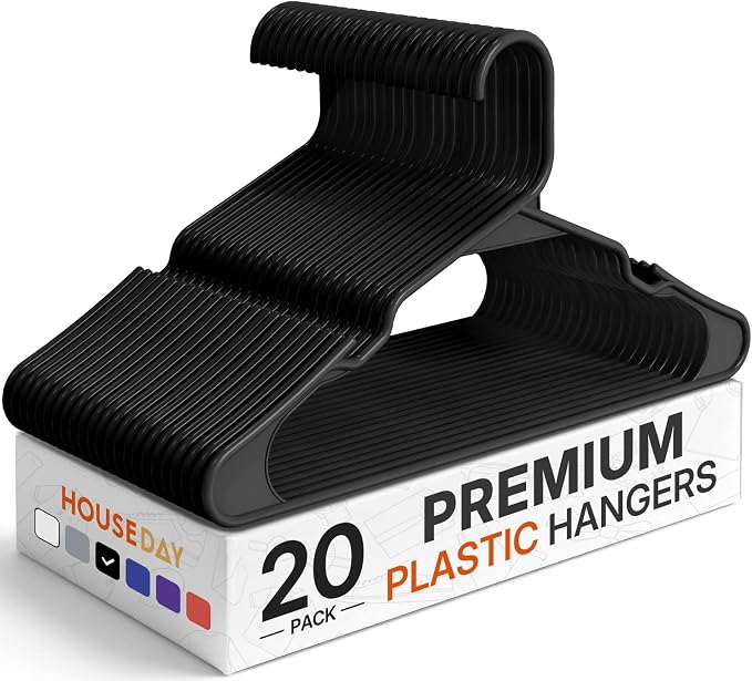 HOUSE DAY Plastic Hangers 20 Pack - Black Clothes Hangers with Non-Slip Shoulder Grooves, Durable and Sturdy T-Shirt, Dress, Coat Hanger, Space Saving Design Perfect for Closet Organizers and Storage by HOUSEDAY