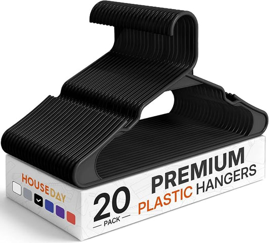 HOUSE DAY Plastic Hangers 20 Pack - Black Clothes Hangers with Non-Slip Shoulder Grooves, Durable and Sturdy T-Shirt, Dress, Coat Hanger, Space Saving Design Perfect for Closet Organizers and Storage by HOUSEDAY