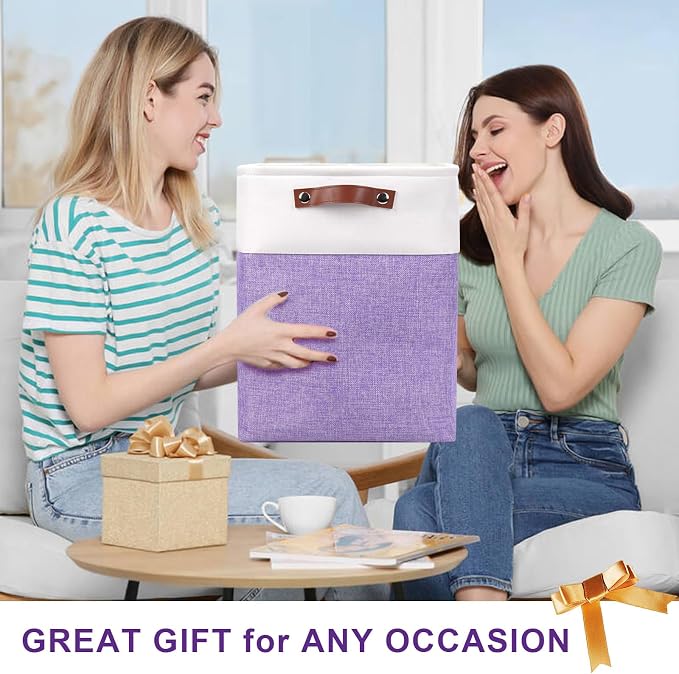 Bagnizer Large Fabric Storage Baskets | 50L Storage Bins, Decorative Linen Closet Baskets with Handles for Organizing, Shelf, Toys, Clothes, Home, Office, Nursery, 17x12x15Inches (Purple&White) - Image 7