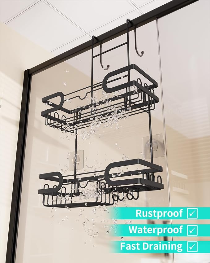HapiRm Hanging Shower Caddy Over the Door with 14 Hooks and Soap Holder, No Drilling Adhesive Shower Storage, Rustproof & Waterproof Stainless Steel Bathroom Shelves - Black - Image 3