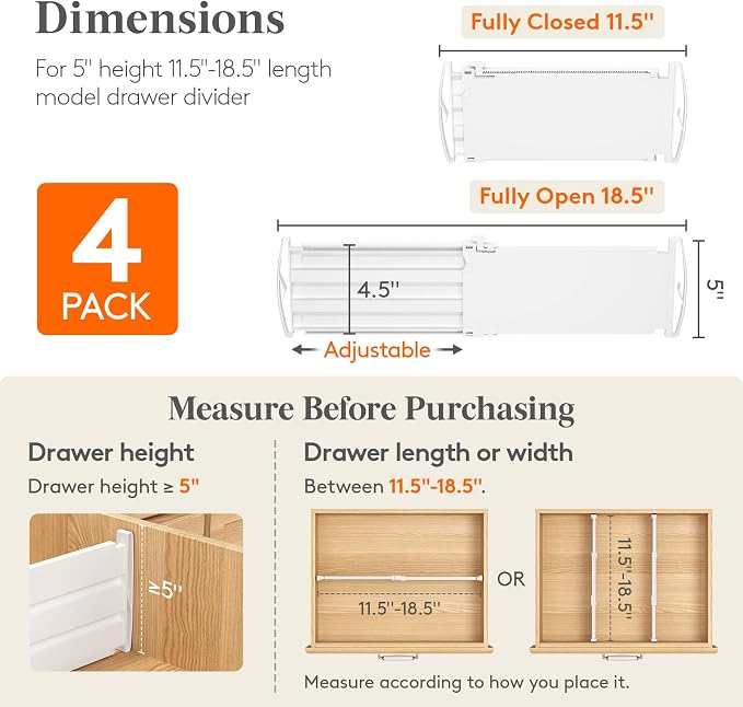 Lifewit 5" Tall 4 Pack Drawer Dividers, 30-47cm/11.5-18.5" Expandable Drawer Divider for Clothes, Adjustable Dresser Drawer Organizers, Drawers Separators for Dresser/Bathroom/Closet/Kitchen White - Image 2