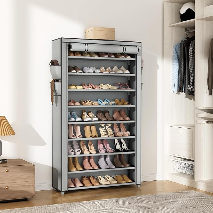 VILICK Shoe Rack with Cover Narrow Shoe Organizer with Pockets 10 Tier Tall Shoe Storage Holds 36-41 Pairs Shoes and Boots Shoe Rack for Closet Entryway Garage, Printing - Image 7