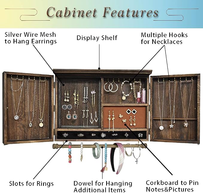 Rustic Wall Mounted Jewelry Organizer,Vintage Wooden Hanging Jewelry Holder Box with Barndoor Decor for Necklaces, Earings, Bracelets, Rings, Accessories. Includes Hook Organizer - Image 4