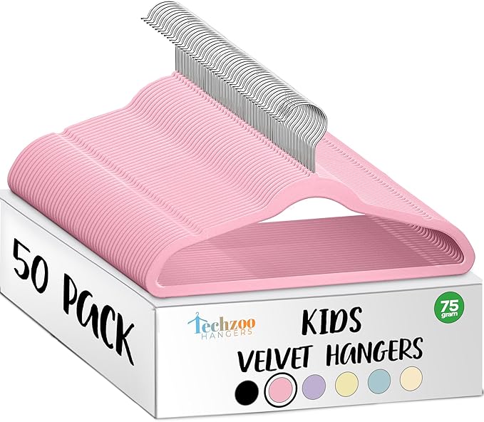 TechZoo 50 Premium Kids Velvet Hangers - 14" Non-Slip Clothes Hangers for Kids & Preteens - Ultra Slim, Space-Saving, Strong & Durable Hangers with 360° Swivel Hook - Pink by TECHZOO