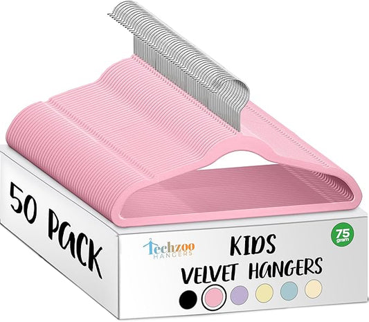 TechZoo 50 Premium Kids Velvet Hangers - 14" Non-Slip Clothes Hangers for Kids & Preteens - Ultra Slim, Space-Saving, Strong & Durable Hangers with 360° Swivel Hook - Pink by TECHZOO