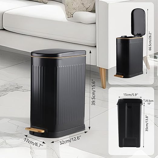 SYNCVIBE Slim Bathroom Trash Can with Lid Stainless Steel Garbage Can Soft Close Step Trash Bin with Removable Inner Bucket for Bedroom, Office, Kitchen (Matt Black, 3.5 Gallons) - Image 3