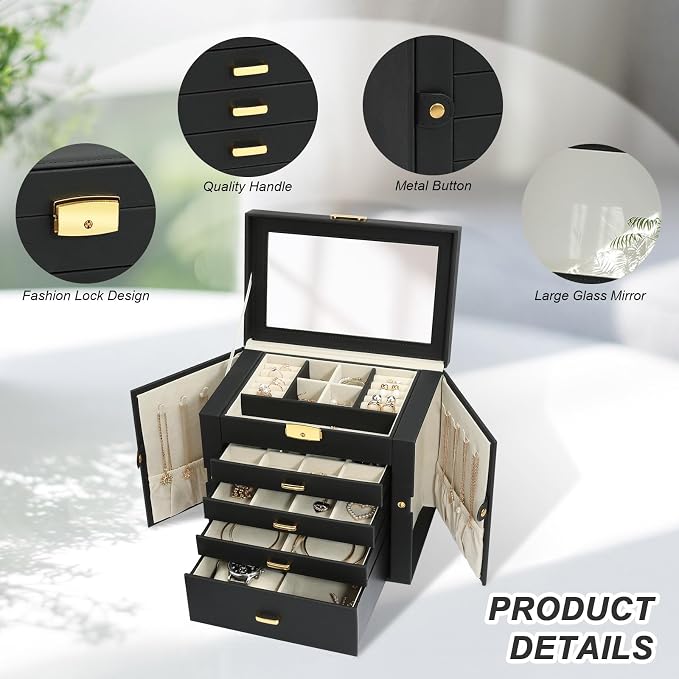 Jewelry Box for Women, 5-Layer Jewelry Organizers Box, Large Jewelry Storage Box for Girls, Jewelry Holder Organizers Gift for Valentine's Day, Christmas, New Year (Black) - Image 5