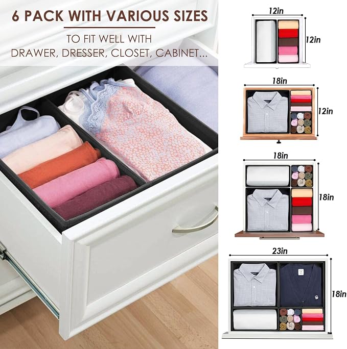 Criusia 6 Pack Clothes Drawer Organizer Dividers, Fabric Foldable Closet Dresser Drawer Organizer for Clothing, Bra Sock Underwear Drawer Organizer for Nursery Bedroom Organization (6 Bins, Black) - Image 4