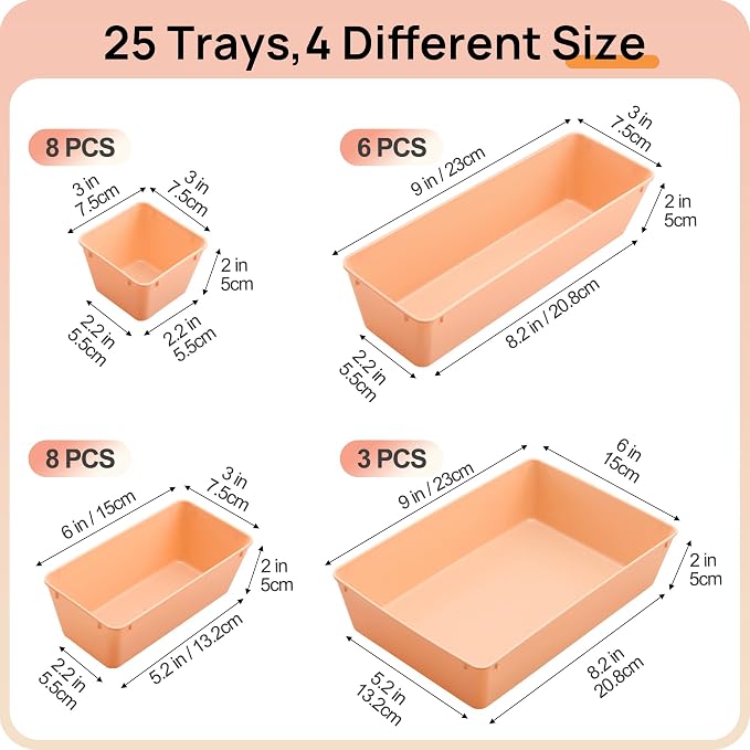 Vtopmart 25 PCS Plastic Drawer Organizers Set, 4-Size Versatile Bathroom and Vanity Drawer Organizer Trays, Storage Bins for Makeup, Bedroom, Kitchen Gadgets Utensils and Office - Image 2