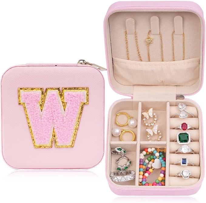 ETHOON Jewelry Travel Case Small Organizer Stocking Box Personalized Gifts Teenage Jewelry Accessories Holiday Wedding Christmas Gift for Women Pink, Letter W by ETHOON