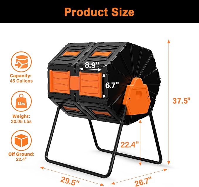 Compost Tumbler, Easy Assemble & Efficient Outdoor Compost Bin, 45 Gallon/170 Liter Large Dual Chamber Rotating Composter for Garden, Kitchen, and Yard Waste, Orange Door - Image 6