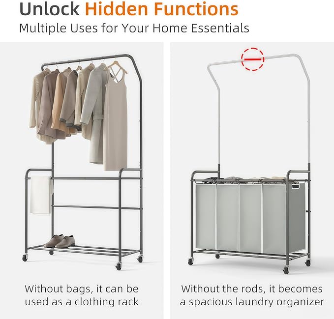 ROMOON Laundry Hamper Sorter Cart: 4 Section Organizer with Hanging Bar and Heavy-duty Lockable Wheels | 180L Rolling Laundry Basket with Clothes Rack in Laundry Room or Small Spaces (Grey) - Image 4