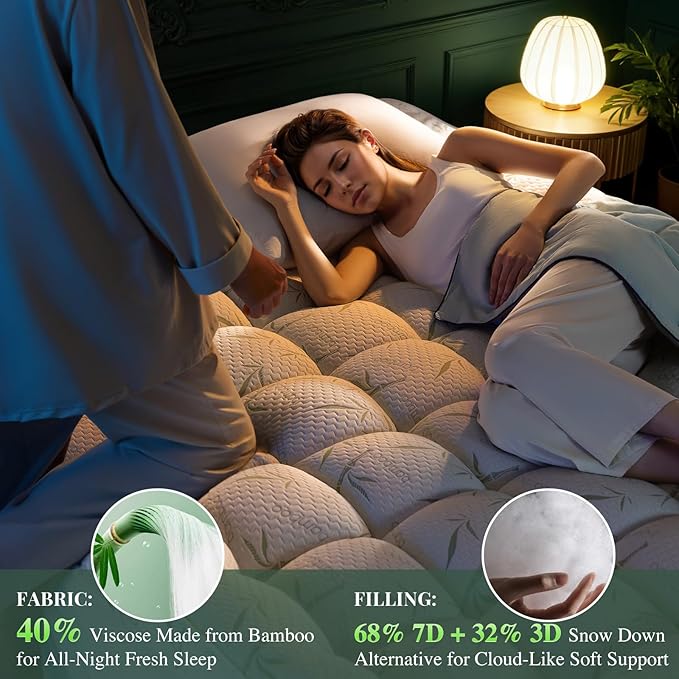 Mattress Topper Viscose Made from Bamboo Pillow Top Mattress Topper,1200 GSM Cooling Mattress Pad,2In Extra Thick Pillow Top for Back Pain with 6"-18" Deep Pocket(Queen,60"x80")