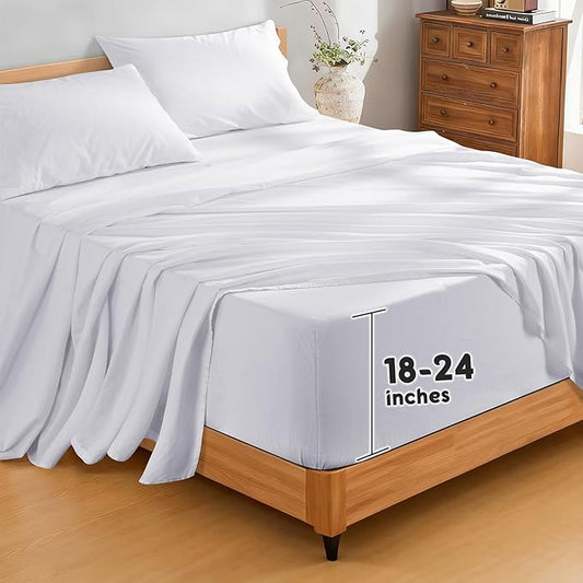 SONORO KATE 100% French Pure Linen Sheets, Extra Deep Pocket up to 18"-24", Breathable and Durable Linen Sheets, Anti-Tear Linen Bed Sheets, Machine Washable - 4 Piece (White, King(24" deep))