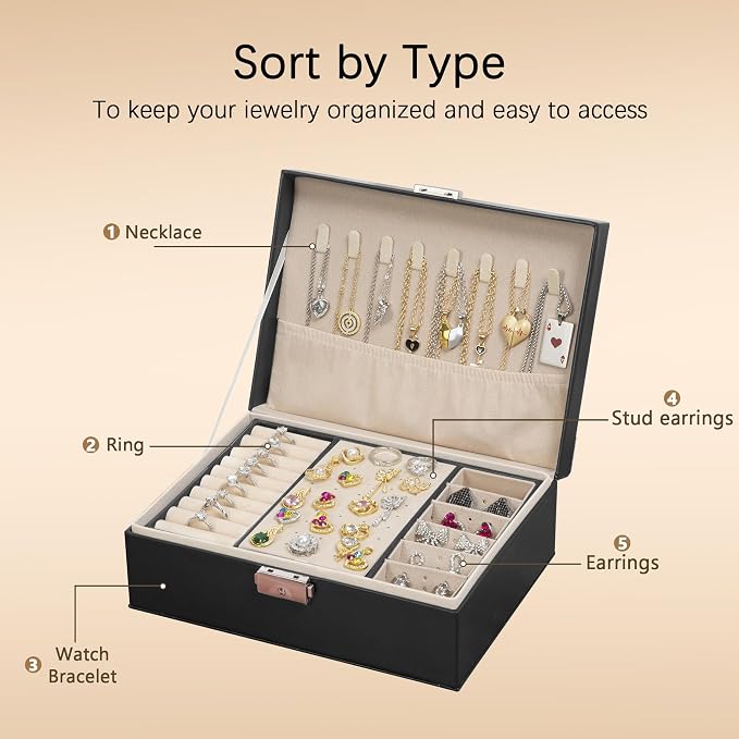 Homeanda Jewelry box 2 layer Jewelry box Leather Jewelry boxes for Women Girls Teens Jewelry organizer box Jewelry Storage box with lock(Black) - Image 5