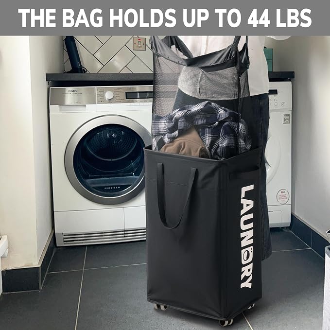 Goodpick Laundry Basket with Wheels, 2-Pack 75L Rolling Laundry Hamper with Removable Wash Bags, Collapsible Laundry Basket for Corner Dorm, Black - Image 6