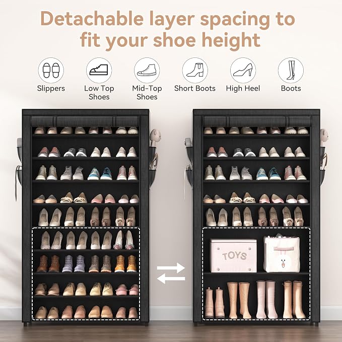 LANTEFUL Shoe Rack with Covers - 10 Tiers Tall Shoe Rack Organizer Large Capacity Shoe Shelf Storage 40 Pairs Space Saving Vertical Shoe Storage Organizer for Closet, Entryway, Dorm, Bedroom - Image 6