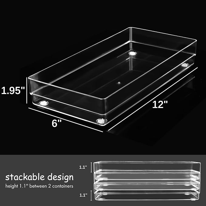LotFancy Clear Plastic Drawer Organizer, 12’’ x 6” x 2’’, Set of 3 Drawer Storage Containers Bins for Dresser Cosmetics Makeup, Stackable - Image 3