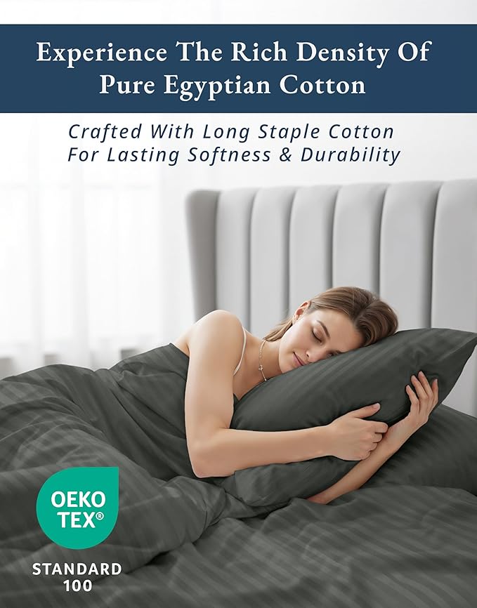 LANE LINEN 100% Egyptian Cotton Bed Sheets Queen Size, Long Staple Soft & Comfy Sateen Weave No Pill Fade Resistant Machine wash 15" Deep Pocket Queen Sheets - Damask Stripe Dark Grey