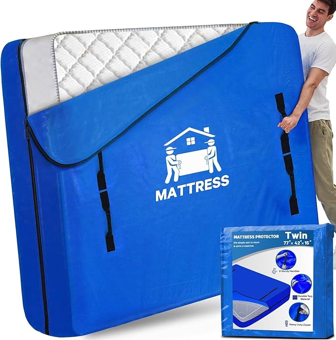 Mattress Bags for Moving, BETU Mattress Protector Waterproof Mattress Cover Twin Size Storage Bags with 8 Heavy-Duty Handles and Zipper for College Bed Extra Thick Large Reusable (77"x42"x15" Blue)