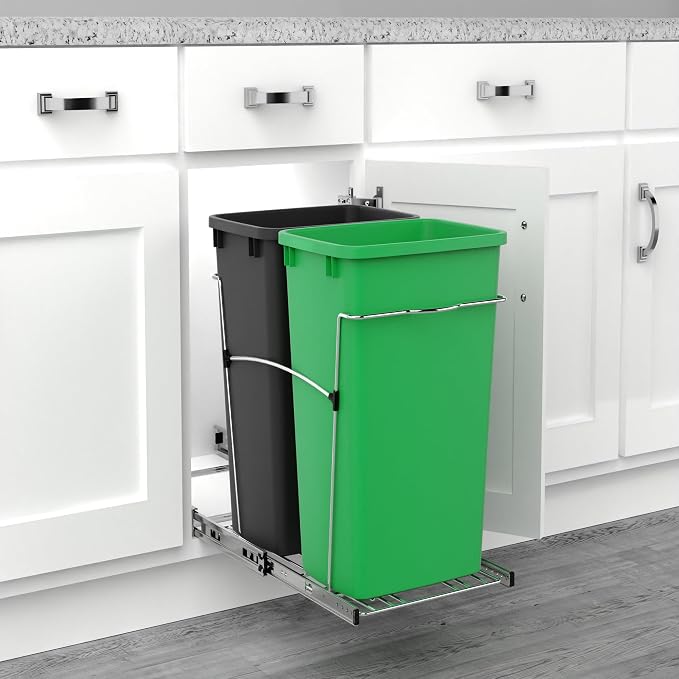 Rev-A-Shelf RV-18KD-1918C-S Double Pullout Trash Can for Kitchen Cabinets 35 Quart Garbage Recycling Bin Container on Full Slides, Green/Black - Image 6