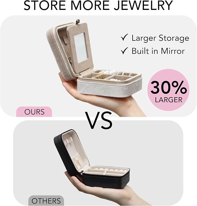 BLUTETE Travel Jewelry Box Organizer Velvet Travel Case With Mirror Ring Earrings Necklaces Storage Organizer Box (Champagne) - Image 4