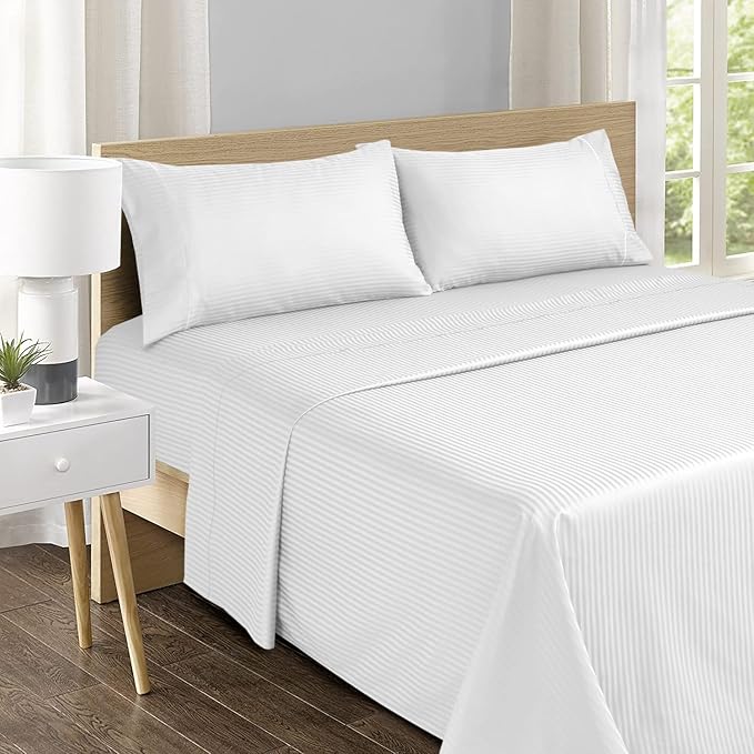 Feather & Stitch 500 TC California King Size Damask Bed Sheet Set, 100% Cotton Soft Breathable Bedsheets, 4 Piece 18" Deep Pockets Sateen Weave Striped Bedding Mattress Resort Hotel - (White Stripe)