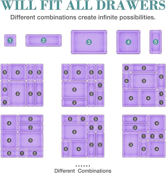 StorMiracle 10 PCS Drawer Organizer Set, 4 Varied Size Bathroom and kitchen Drawer cabinet organizer Trays, Clear Storage Bins for Makeup, Jewelry, Utensils and Gadgets, Purple - Image 4