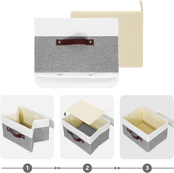 ANMINY Storage Boxes with Lids Washable Decorative Storage Bins Basket with PU Leather Handle Foldable Linen Fabric Storage Cubes Containers for Home Closet Organizer - Gray White, Large Size - Image 4