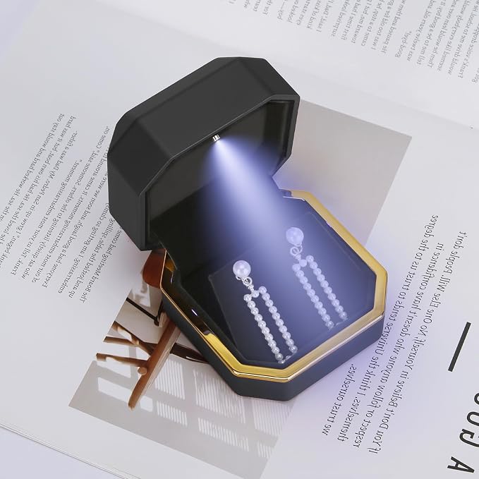 Luxury LED Jewelry Earring Pendant Stud Box, Velvet Earring Necklace Gift Box Storage Case Organizer Holder for Proposal Engagement Wedding Anniversary Birthday Ceremony (Black) - Image 7