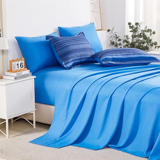 KAKIJUMN 7 Piece Bed in a Bag Stripe Comforter Set Full Size, White and Blue Patchwork Striped Comforter and Sheet Set, All Season Soft Microfiber Complete Bedding Sets(Blue,Full)