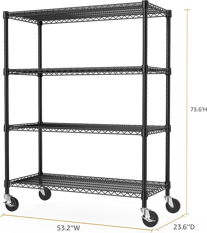 M MZG 53" W Storage Shelves 1760LBS 4 Tier Metal Shelving Unit with Wheels Heavy Duty Garage Shelving Adjustable Wire Shelves for Pantry,Kitchen,Garage,Basement,Black 23.6" D x 53.2" W x 73.6" H - Image 3