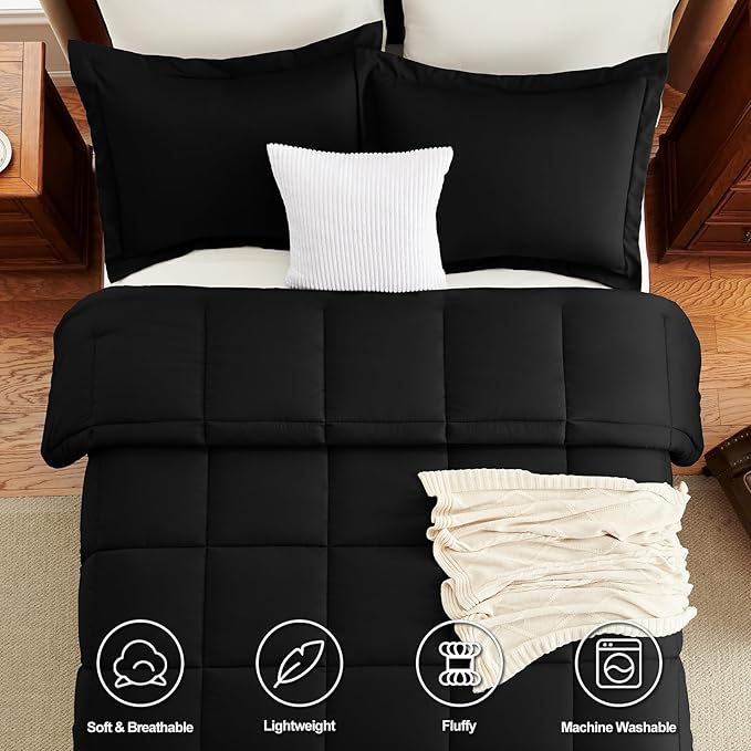 CozyLux Queen Comforter Set Black - 3 Pieces Box Stitched Comforters Queen Size, Soft Bed Set for All Seasons, Lightweight Bedding Sets with 1 Down Alternative Comforter and 2 Pillow Shams