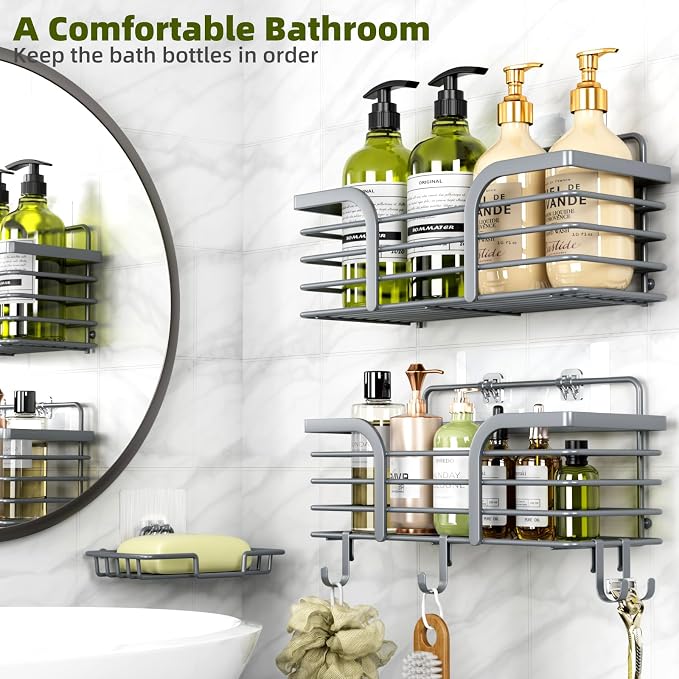 Yougai Shower Caddy, Shower Organizer with Soap Holder and Hooks, Rustproof Shower Shelves, No Drilling Bathroom Organizers and Storage, Wall-Mounted Kitchen & Home Decor (Dark Gray) - Image 3