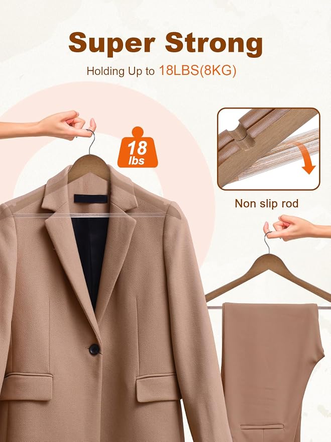 HOUSE DAY Walnut Wooden Hangers 30 Pack, Heavy Duty Wooden Coat Hanger for Closet, Solid Wood Hanger with Non Slip Pant Bar, Smooth Finish Wood Clothes Hangers for Shirts, Suits Jackets, Dress - Image 3