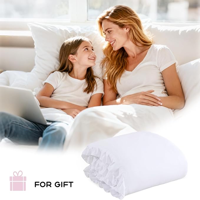 JANZAA King Size Comforter Set White Ruffled Comforter Set Soft Vintage Farmhouse Bed Beding Set Fluffy 3PCS Shabby Chic Bedding with 2 Pillowcases