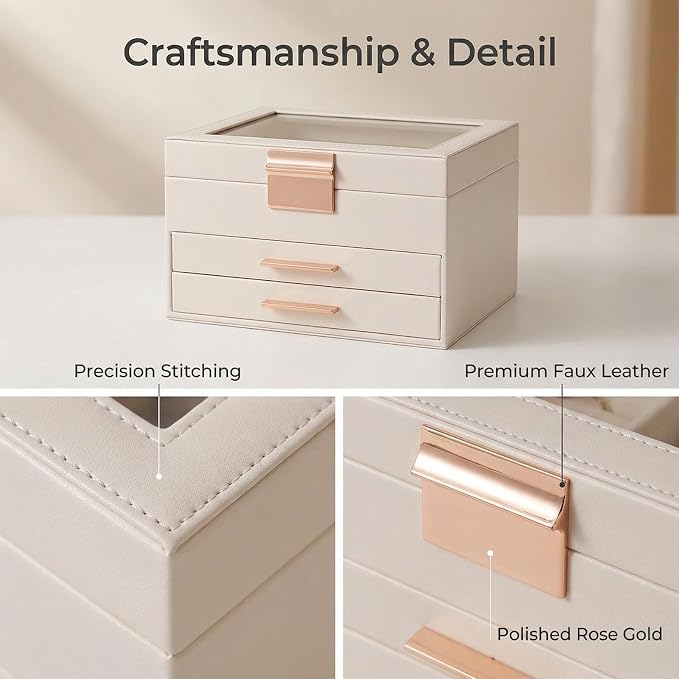 Jewelry Box Organizer with Glass Lid, 3-Layer with Double Drawers, Luxury Velvet Lined Desktop Display Case for Earrings Rings Necklaces, Gift for Women Girls (White) - Image 3