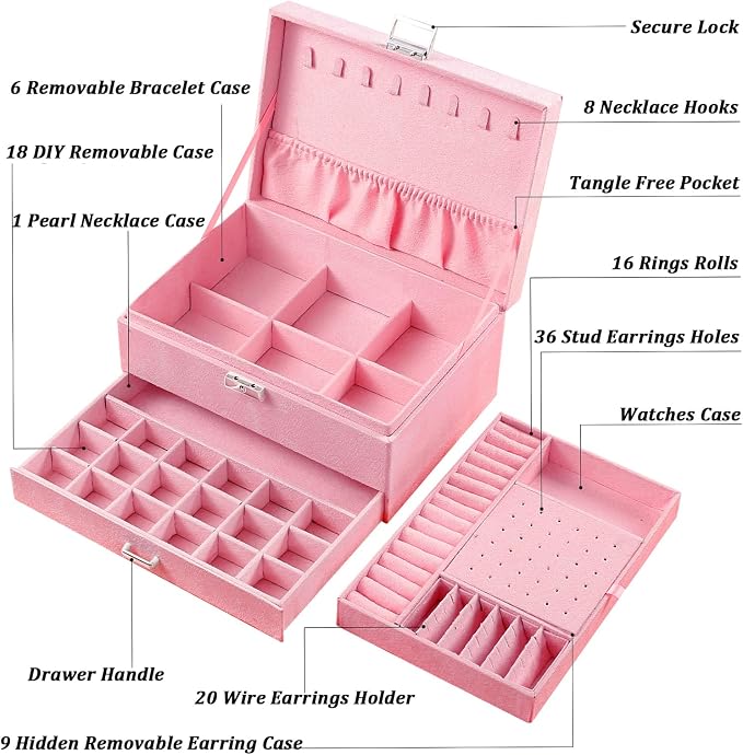 QBestry 3-Layer Jewelry Box for Girls & Teens with Lock and Key, Large Jewelry Organizer with 8 Necklace Hooks & 56 Earring Holes, Pink Velvet Jewelry Storage Box for Necklaces Earrings Rings Bracelet - Image 7