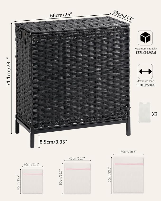 SETVSON Laundry Hamper with Lid 132 L, (35 Gallons) Clothes Hamper with Lid, Handwoven Rattan Laundry Hamper with Metal Heightened Feet, Laundry Hampers with 3 Removable Liner Bags for Laundry-Black - Image 5