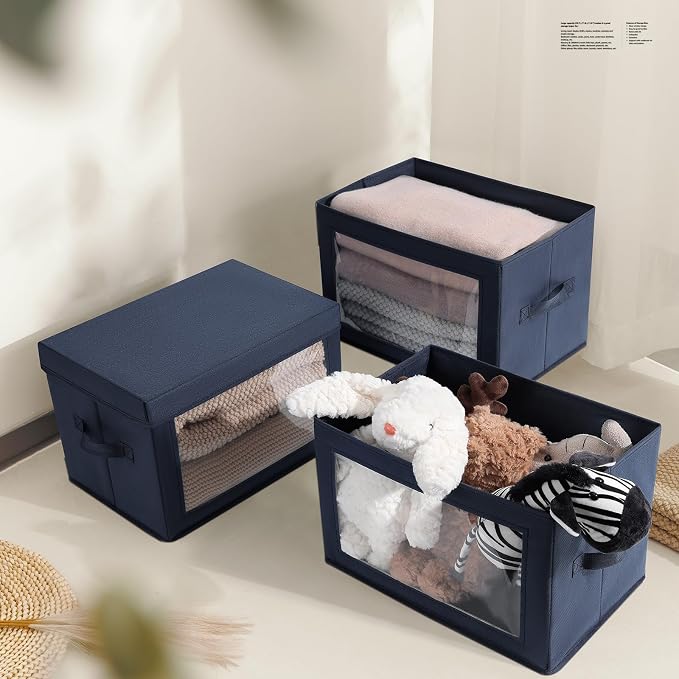 Homsorout Stackable Storage Bins with Lids - Medium Storage Box with Lids, Foldable Closet Boxes for Organizing, Wardrobe Clothes Organizer with Window, Cubes Bins for Living Room, 5 Pack, Navy Blue - Image 4