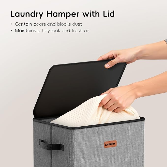100L Laundry Hamper with Lid, Large Clothes Hampers with Removable Bag, Collapsible Laundry Basket for Bathroom, Bedroom, Laundry Room, Dorm, Grey - Image 4