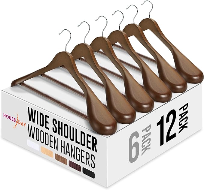 HOUSE DAY Wide Shoulder Wooden Hangers 12 Pack, Wood Suit Hangers for Men with Non Slip Pants Bar, Smooth Finish Solid Wood Coat Hanger for Jacket, Pants, Dress, Heavy Clothes Hanger (Walnut) by HOUSEDAY