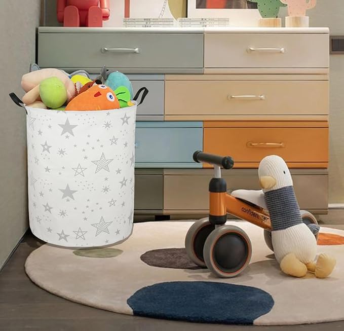 Collapsible Kids Laundry Basket Clothes Hamper, Foldable Storage Organizer Bin, Toy Clothes Storage with Handles for Boys Girls Bedroom, Room Decor Grey Star - Image 2