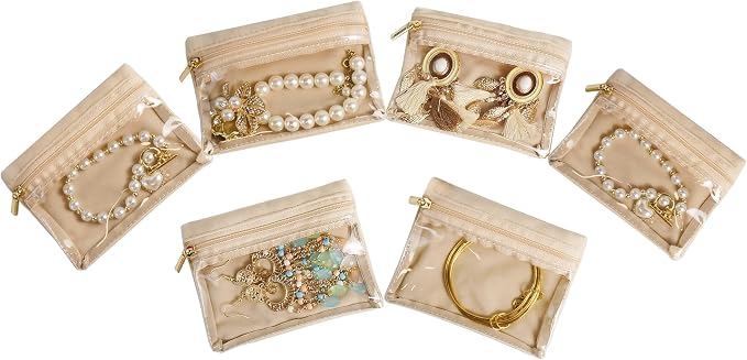 6 Pcs Travel Jewelry Organizer, Velvet Mini Pouch with Clear Zipper Pocket, Lightweight Jewelry Storage Organizer for Rings Earrings Necklaces, Travling Gift for Women Girls (Beige) by Unknown
