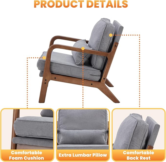 DUMOS Accent Chairs Set of 2,Mid Century Modern Chair with Arms and Waist Cushion, Reading Chairs for Adults, Lounge Chair for Living Room and Bedroom, Solid Wooden Frame,Classic Grey
