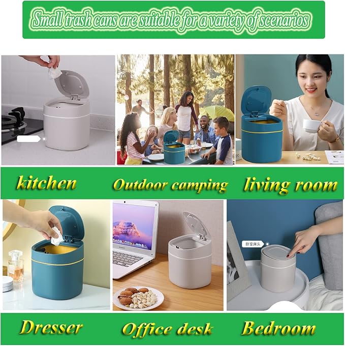 LTWQLing Plastic Mini Trash Can with Lid - 2 L Pop Up Wastebasket for Bathroom Vanity, Desktop, Tabletop or Coffee Table - Dispose of Cotton Rounds, Makeup Sponges, Tissues (Grey) - Image 6