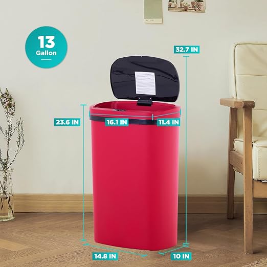 BestOffice | 13 Gallon Plastic Trash Can with Lid | Red | Automatic Touchless Garbage Can | Odor Control | Modern Oval Design | Easy to Clean | Fits Any Kitchen, Bathroom, Office or Home - Image 7