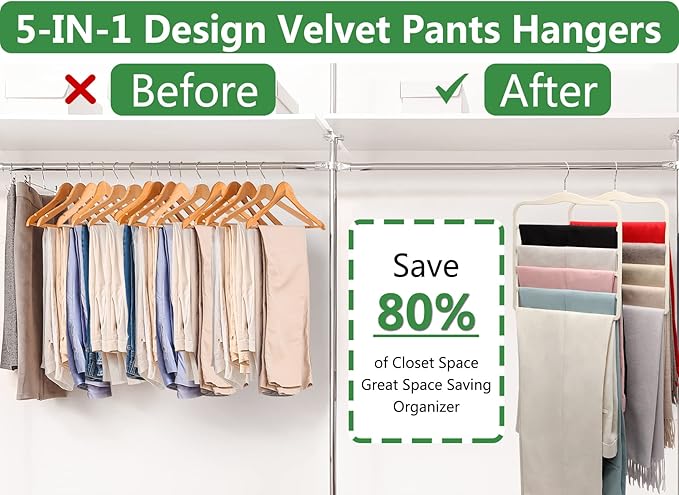 Magic Pants Velvet Hangers for Organization and Storage - Space Saving, 5 Pack Dorm Room Essentials for College Students Girls - Image 2