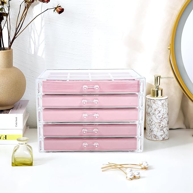 ProCase Earring Holder Organizer Jewelry Box with 5 Drawers, Acrylic Clear Earring Case with Adjustable Velvet Trays for Women - Pink, 5 Layers - Image 6