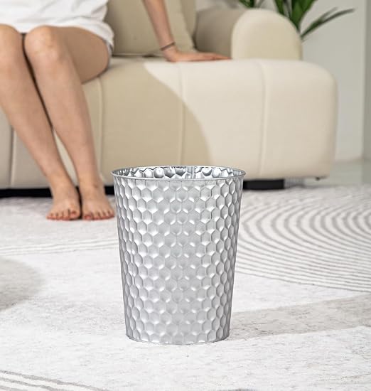 Venalys Small Metal Trash Can Wastebasket, Decorative Honeycomb Garbage Can Waste Basket, Modern Farmhouse Round Trash Bin for Bathroom, Bedroom, Kitchen and Office (Silver) - Image 6